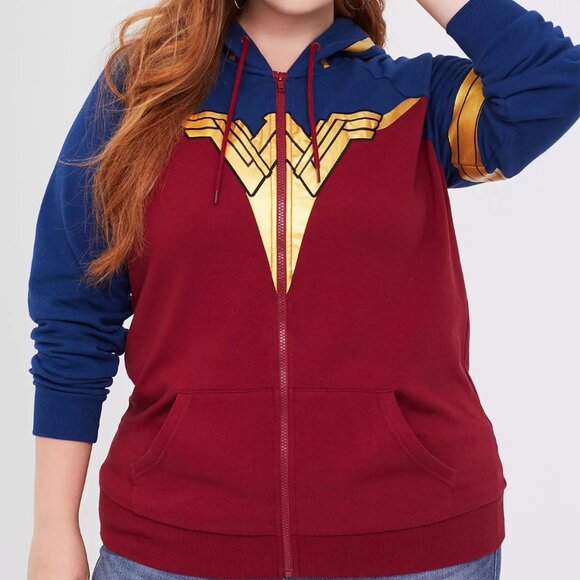 🆕️ Torrid Her Universe DC Comics Wonder Woman Red Blue Metallic Gold Zip Hoodie - Picture 1 of 9
